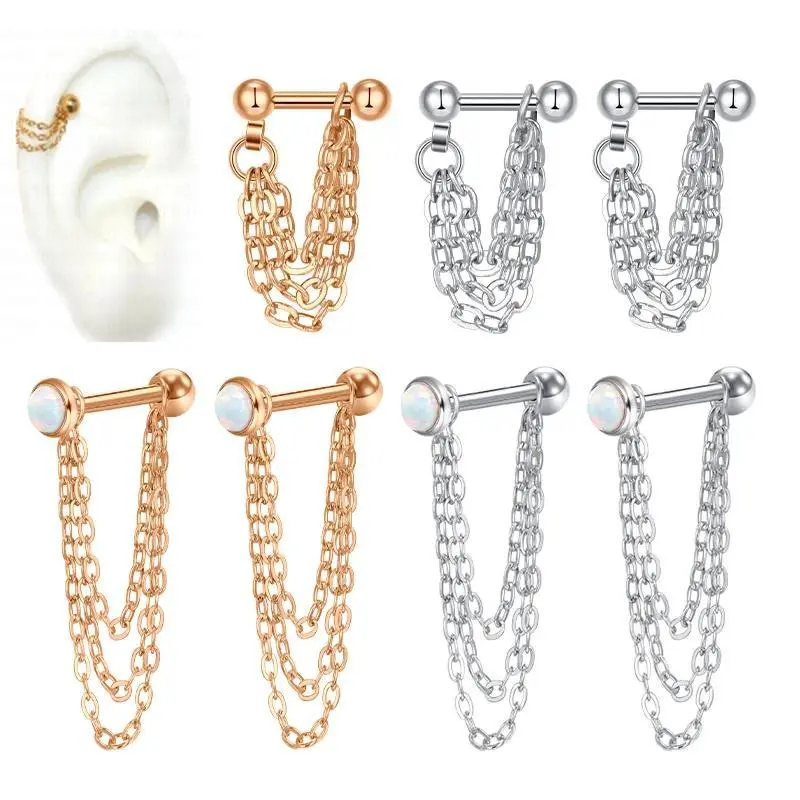 16G Helix Cartilage Tragus Barbell with Chain Earrings piercing Stainless Steel Ball Stud Earring Men Women Tassel Chain jewelry