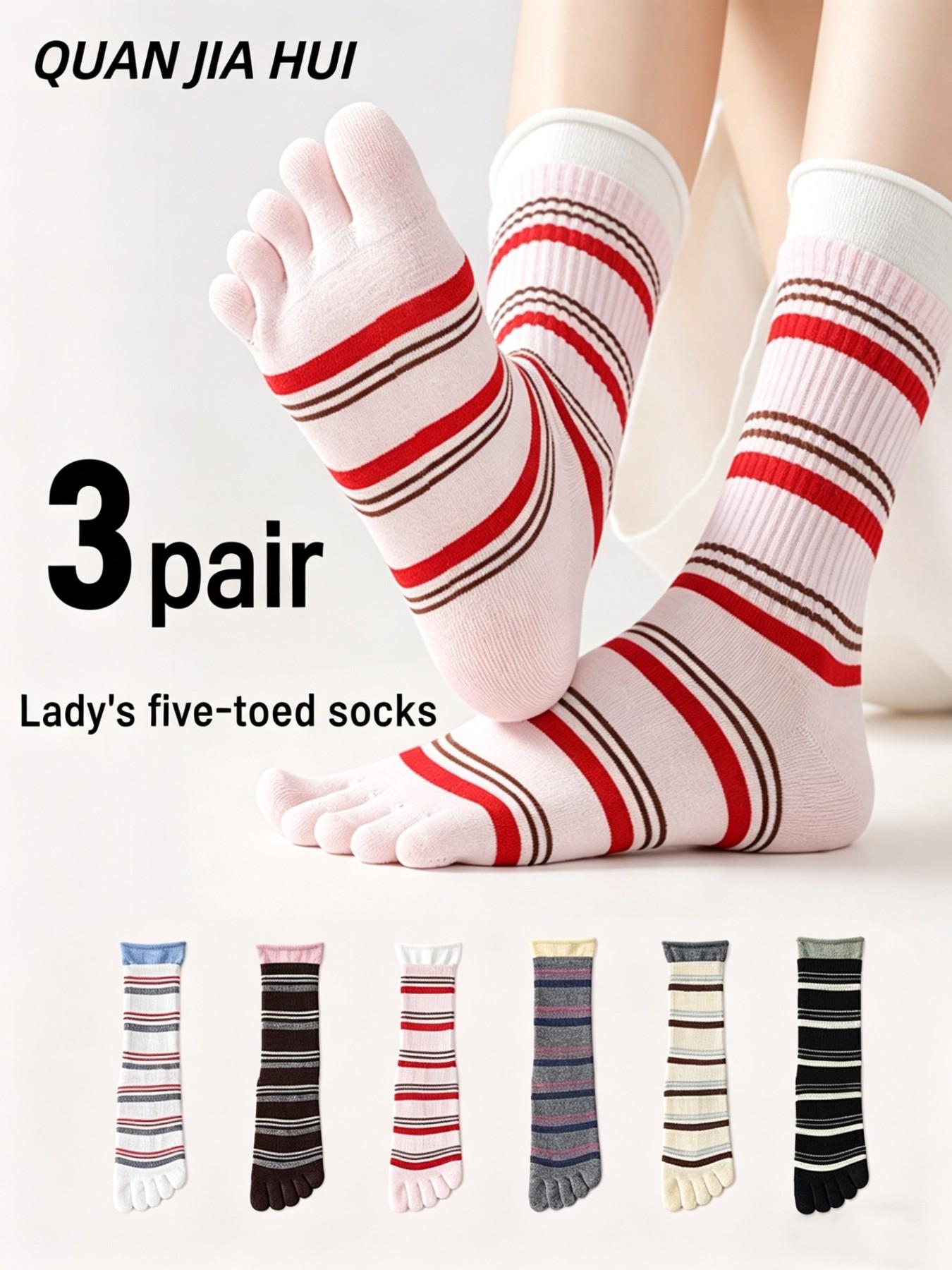 Women's Striped Five-Finger Socks, 3 Pairs Pack, Summer Comfortable Breathable High-Quality Cotton, Mid-Calf Socks for Women