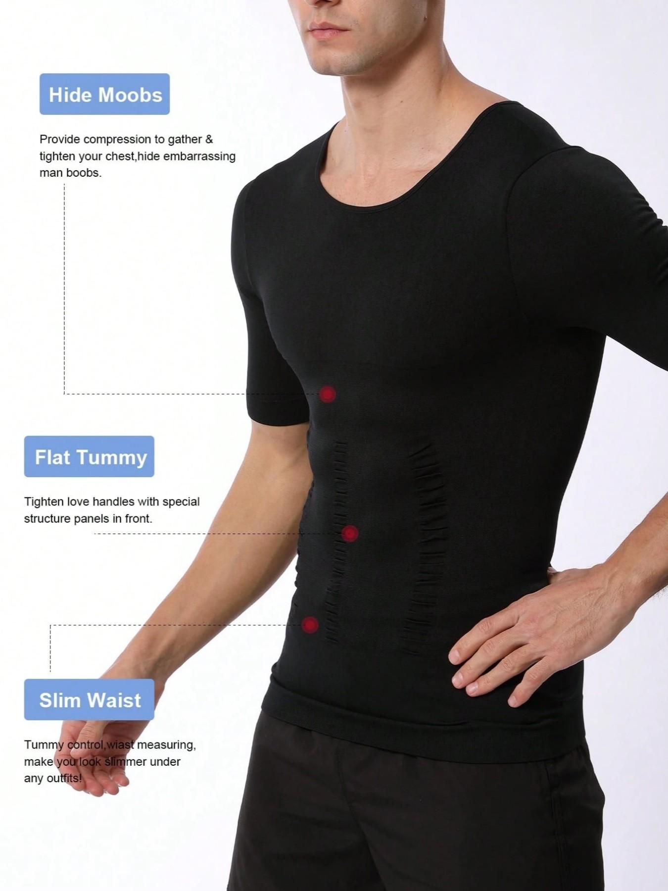 1 Count Men's Sports Tummy Control Firm Support Shapewear Tops, High Elasticy Fashion Style Body Shaper Tshirt, Breathable Comfortable Chest Abdomen Smoothing Base Shaping Top, Suitable for Daily Wear & Gym & Office Wear