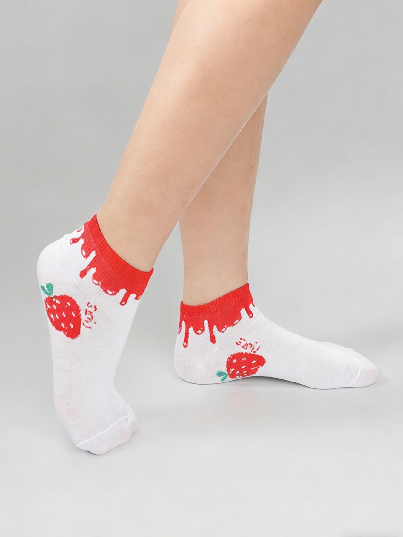 5 Pairs Random Strawberry Heart Series Girl Short Socks, Cute and Trendy Design, Perfect for Daily Wear, Comfortable and Stylish