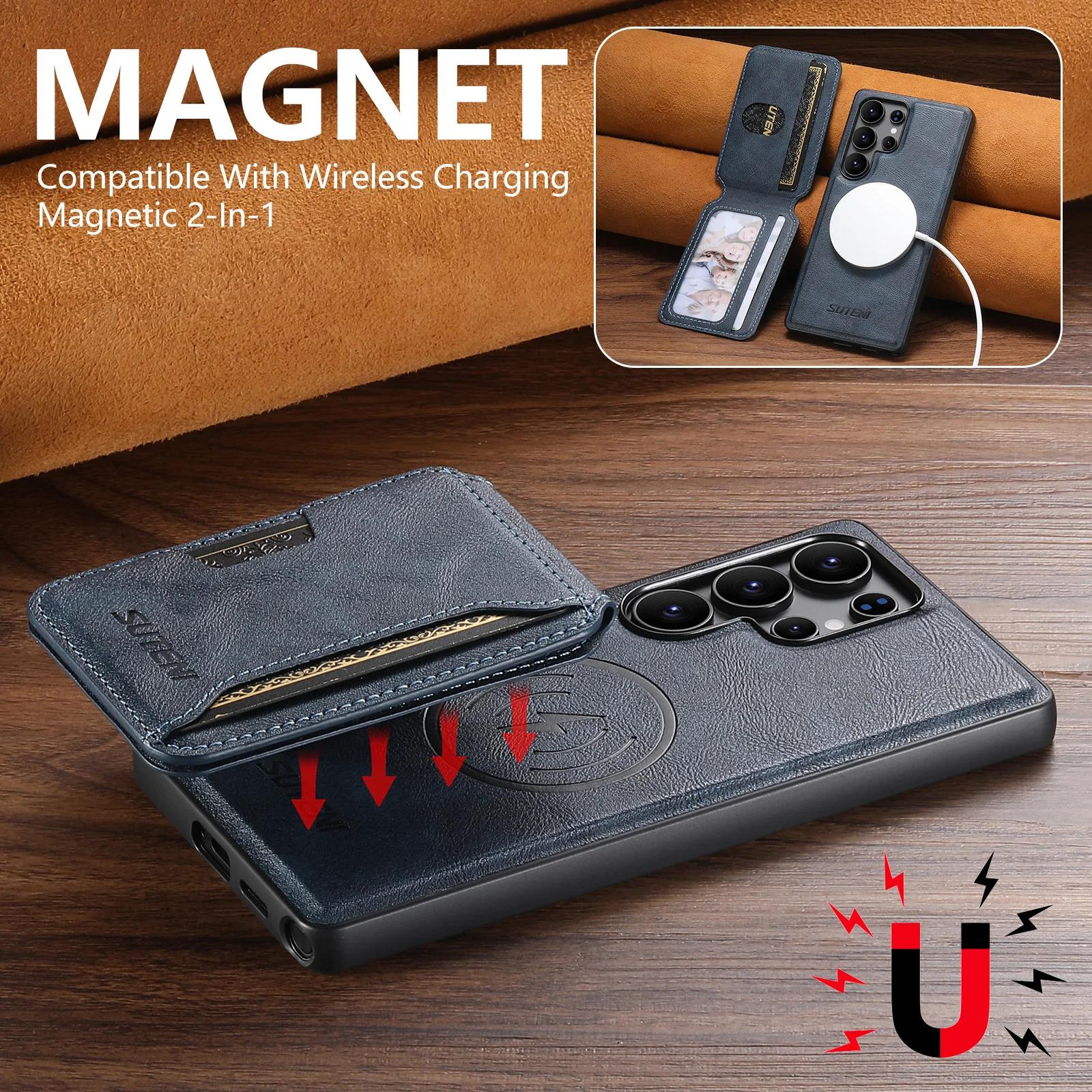 Magnet Wireless Charging Luxury Faux Leather Phone Case Card Holder Stand For Samsung Galaxy S26 Ultra S25 S24 S23 S22