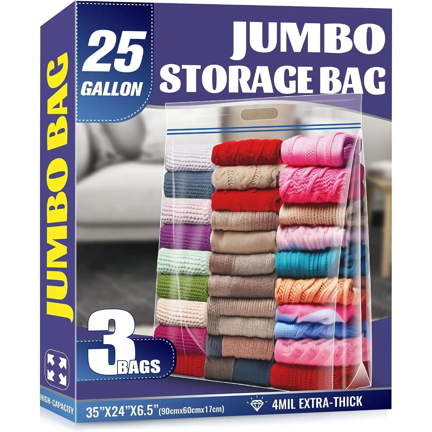 25 Gallon  Storage Bags | 35" x 24" Clear Plastic Zipper Bags with Handles, Extra Heavy Duty Large XL for Travel, Moving, Clothing, 3 Packs