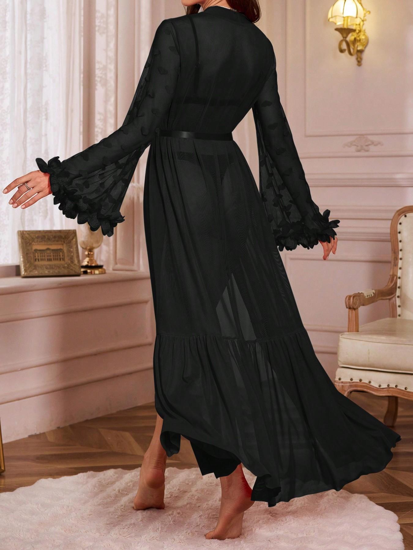 Women's Solid Color Long Sleeve V-Neck Nightgown, Loungewear, Nightwear, Floral Embellished Mesh Material, Perfect for Summer, Comfortable and Fashionable Design
