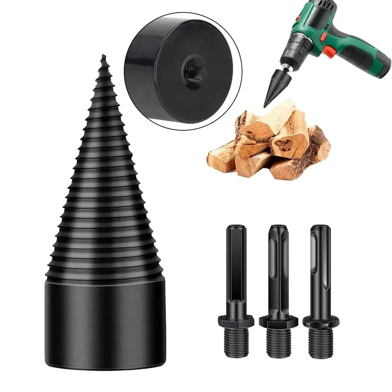 4 PCS Wood Splitter Drill Bit Set, Equipped with 3 Drilling Handles & 32mm Detachable Splitting Cones, Log Splitter Tool for Family Heating, Outdoor Camping and Daily Woodworking Projects
