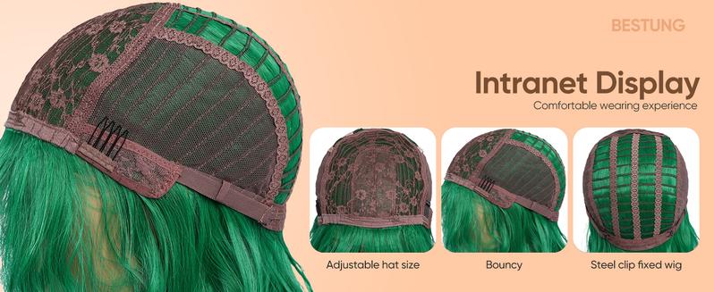 BESTUNG Short Green Wigs for Women Green Wavy Bob Wig with Bangs Medium Length Synthetic Hair Water Wave Dark Roots Wig Gray Colorful Wigs（12inch）