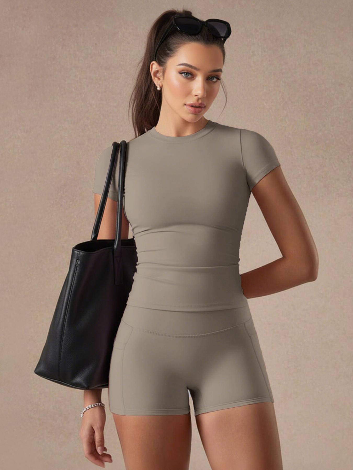 Women's Solid Color Set, Basic Versatile T-Shirt Top, Fashion Multi-Purpose Slimming Hip-Lifting Gym Shorts, Yoga Fitness Gym, All Season Activewear, Athletic Style Activewear