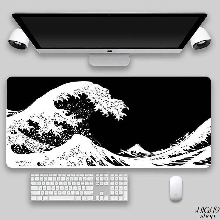 Japanese Ukiyo-e The Great Wave Large Gaming Mouse Pad, Monochrome Wave Art Desk Mat, Non-Slip Rubber Lock Edge Washable Extended Mousepad, Multi-Size Aesthetic Desktop Protector for Home Office, Artistic Gift