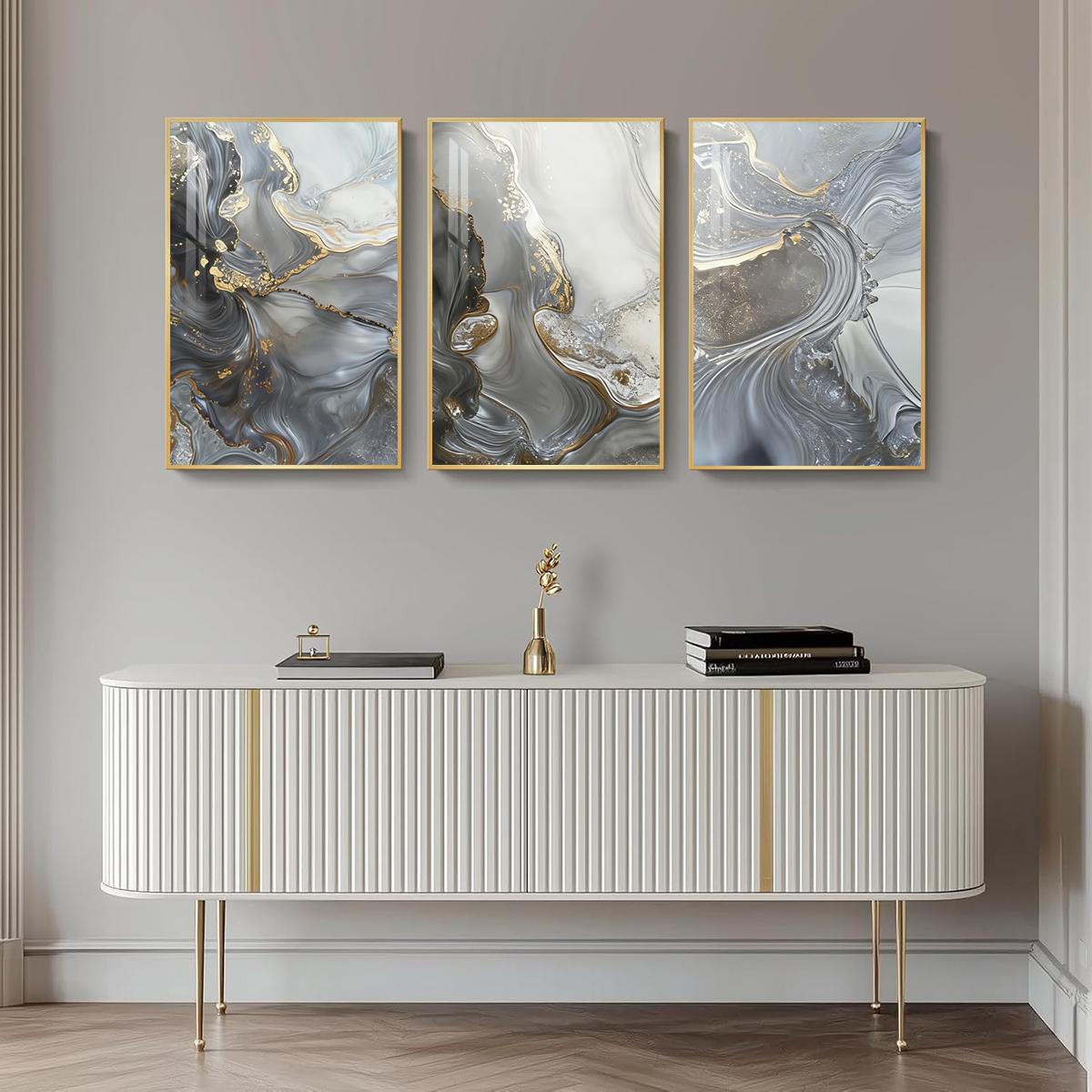 3 Counts Aluminum Alloy Framed Painting, Abstract Gray Gold Fluid Art Pictures, Home Decoration For Living Room, Bedroom, Office, Restaurant, Hallway Wall Decor, Odorless Print Artwork, Luxury Perfect Gift For Friends And Family