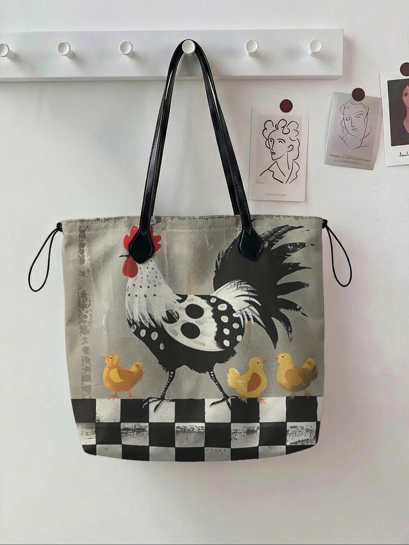 Rooster Pattern 2D Printed Drawstring Tote Bag, Large Capacity Shopping Bag, Durable All Season Use, Ideal for Work, Shopping, Picnic, Travel Tote