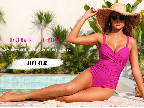 Hilor Women's Underwire One Piece Swimsuits Criss Cross Push Up Bathing Suit Retro Ruched Tummy Control Swimwear