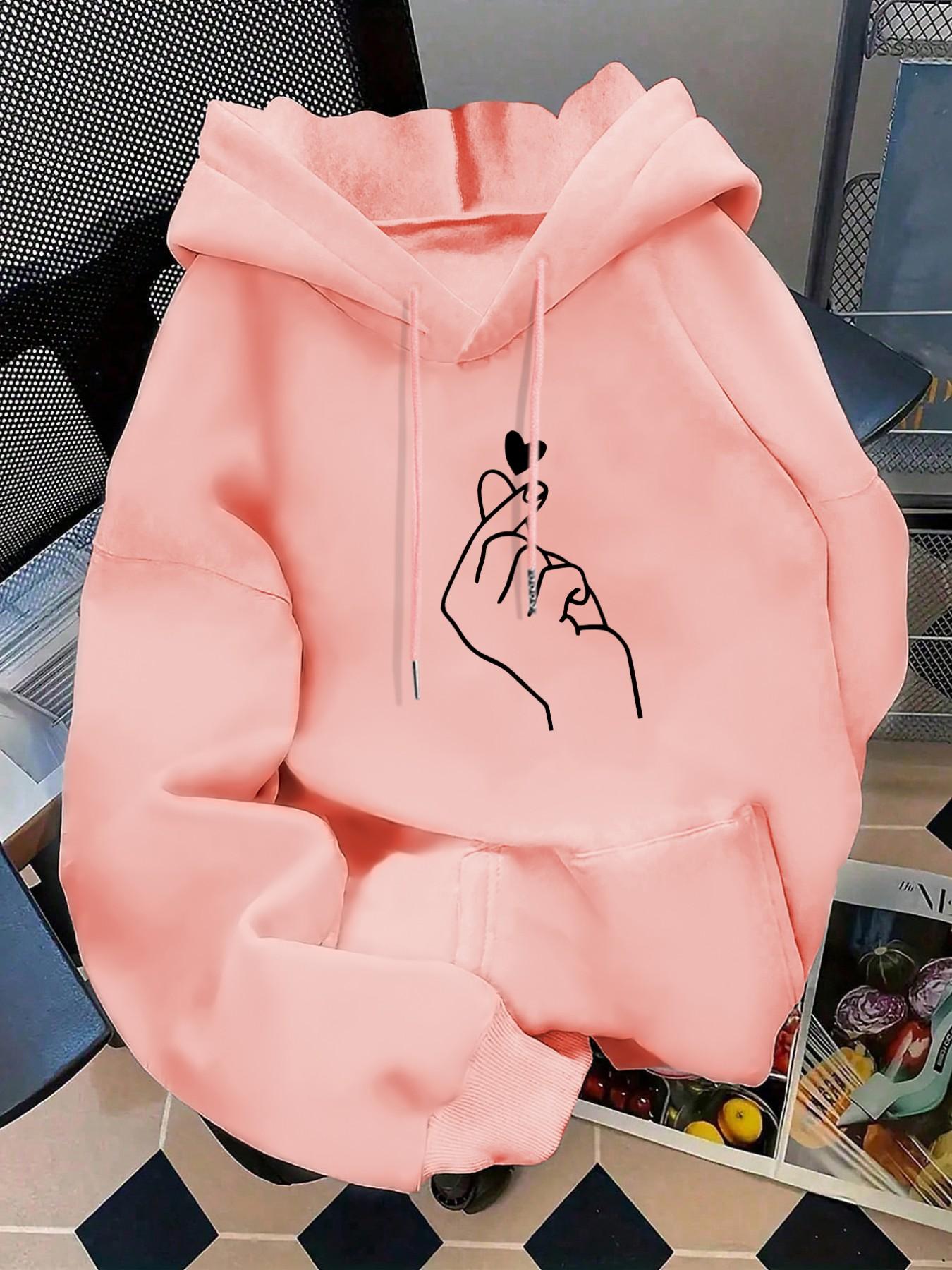Women's Fashion Graphic Hooded Sweatshirt, Valentine's Day Heart Print Pullover, Kangaroo Pocket, Long Sleeve, Fitted, Casual Fall & Winter Wear