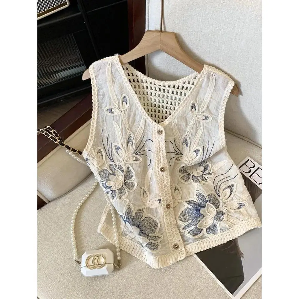 Women's Crochet Vest Open-stitch Floral Embroidered Knitted Waistcoat Sleeveless Jacket Coat Summer Beach Tops Boho Festival