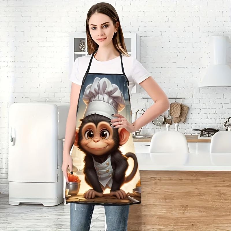 Funny Monkey Chef Hat Cartoon Kitchen Apron, Digital Print Design for Cooking & Dining