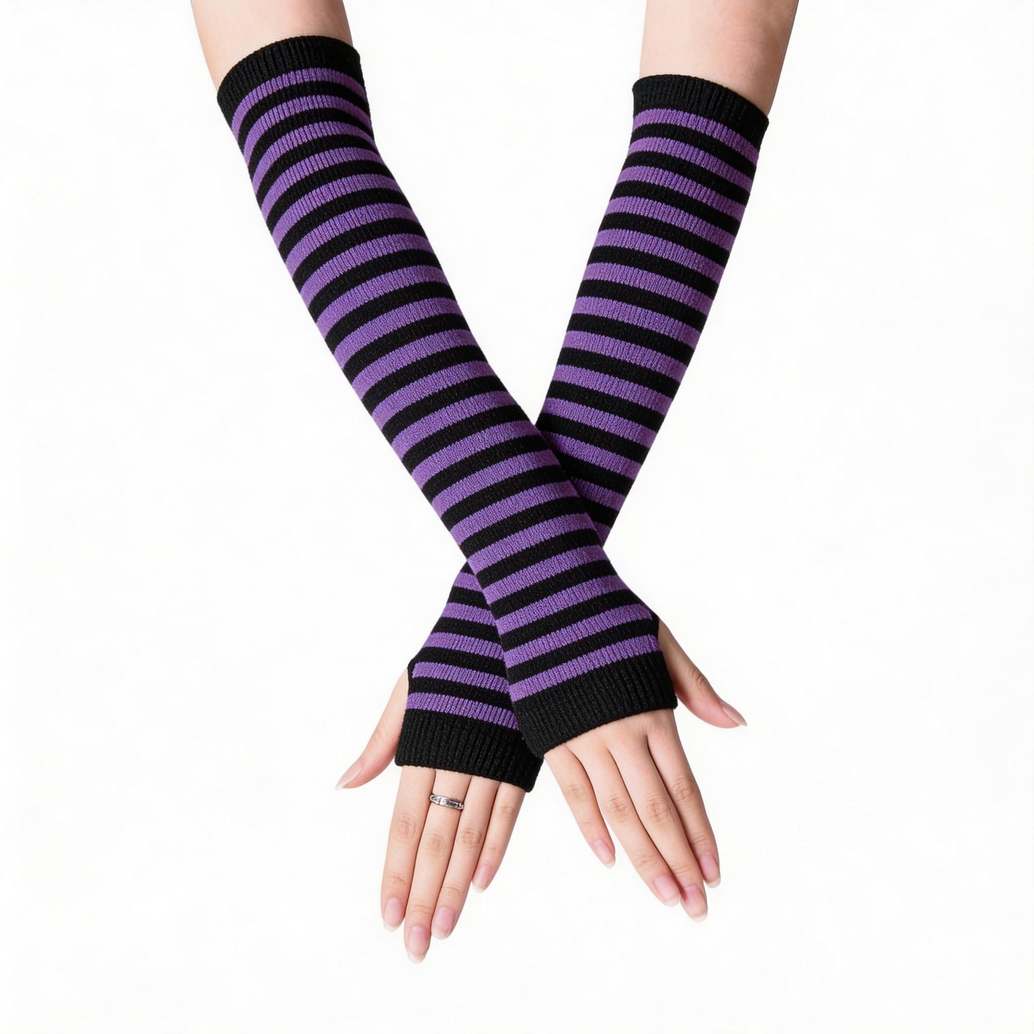 Women's Gothic Punk Striped Half-Finger Gloves, Knit Arm Warmers with Thumb Hole, Elastic Wrist and Arm Warmth, Fashionable Striped Design