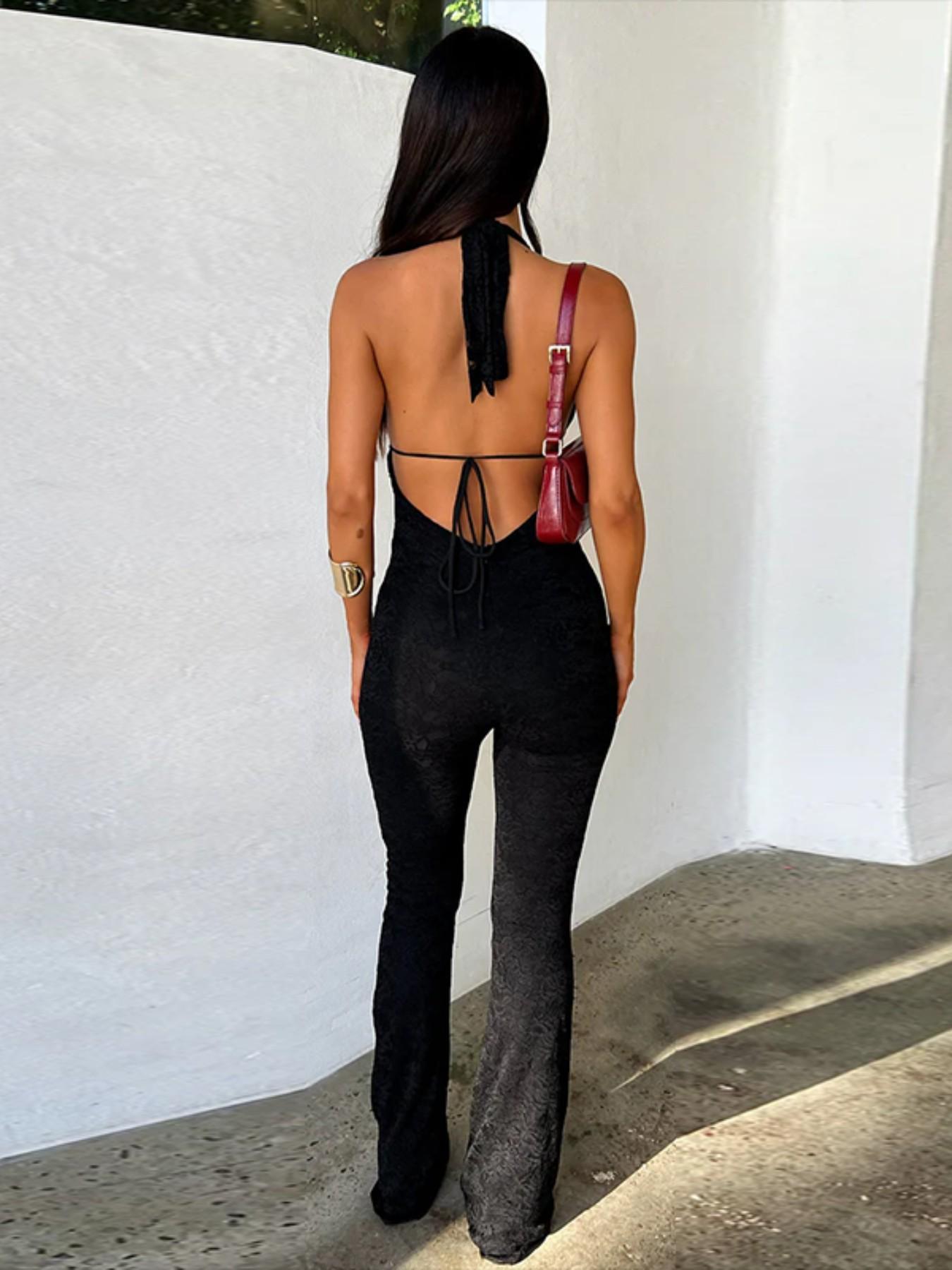 Women's Solid Backless Deep V Neck Tie Back Fit Jumpsuit, Casual Fashion Sleeveless Plunge Neck Jumpsuit for Daily Wear, Ladies Clothes for All Seasons