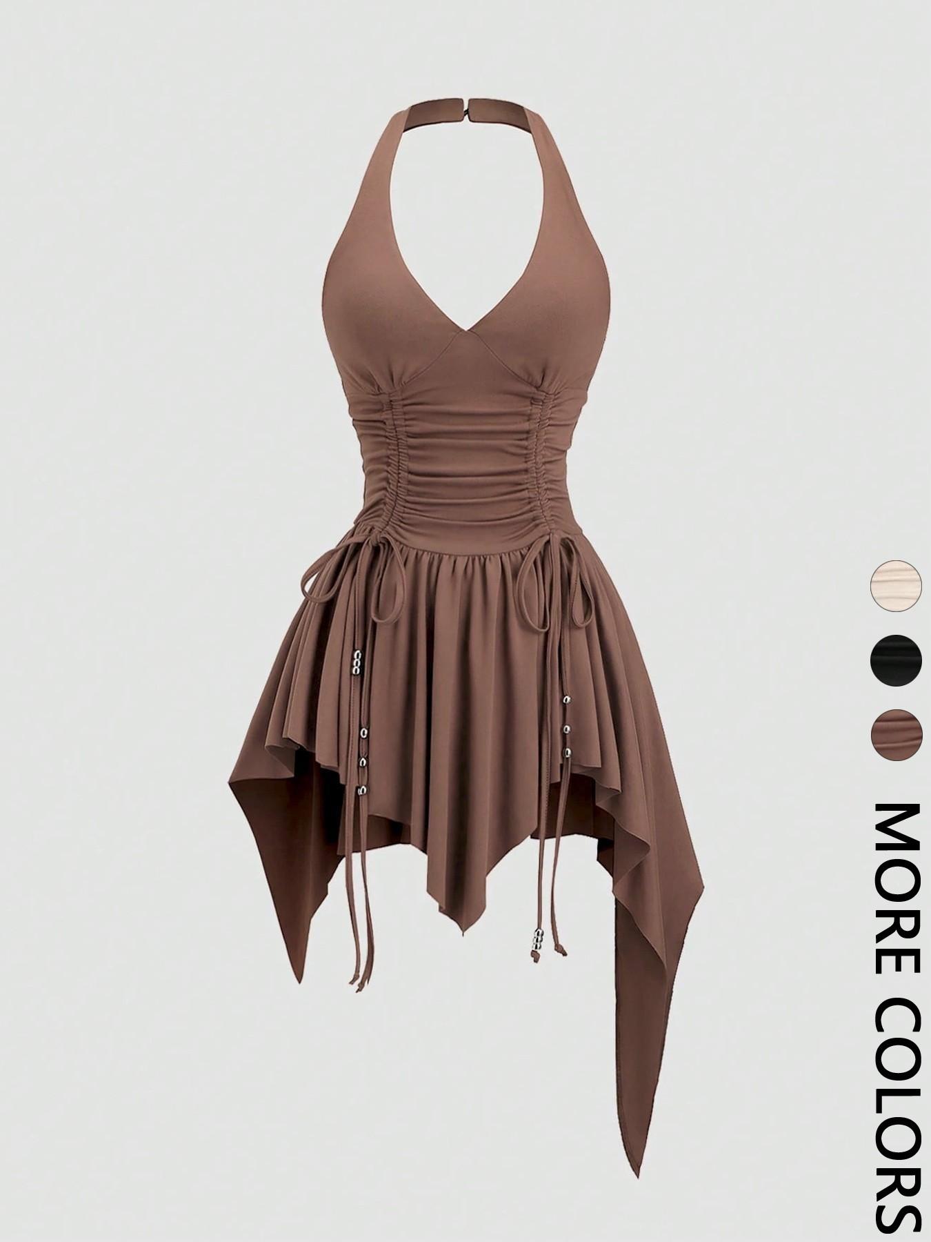 Women's Post-Apocalyptic Vintage Punk Dress, Deep V Neck, High Waist, Irregular Hem, Short Skirt, Multiple Colors Available