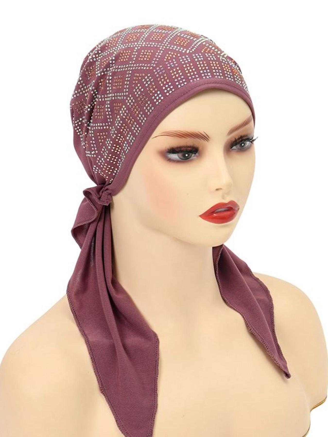 Women's Elastic Turban Hat, Soft Solid Color Diamond Casual Hat, Hijab Headwrap Inner Cap Bonnet, Ideal for Outdoor Use
