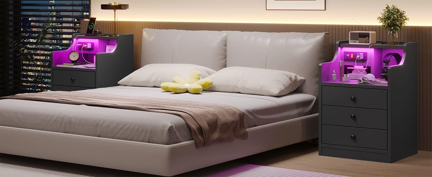 Sikaic LED Nightstand With Hutch Drawers Charging Station Bedroom Dresser Table