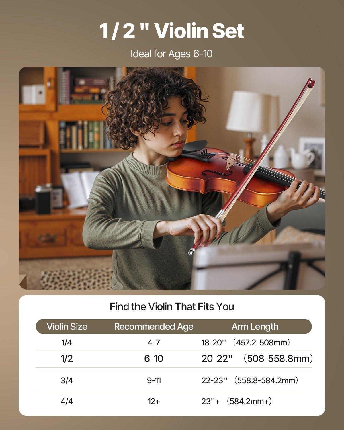 VEVOR 1/2 Size Solidwood Violin Full Kit, Professional Brown Musical Instrument for Beginners, Includes Hard Case, Rosin, Bow, Shoulder Rest, Bridge, Tuner, Extra Strings