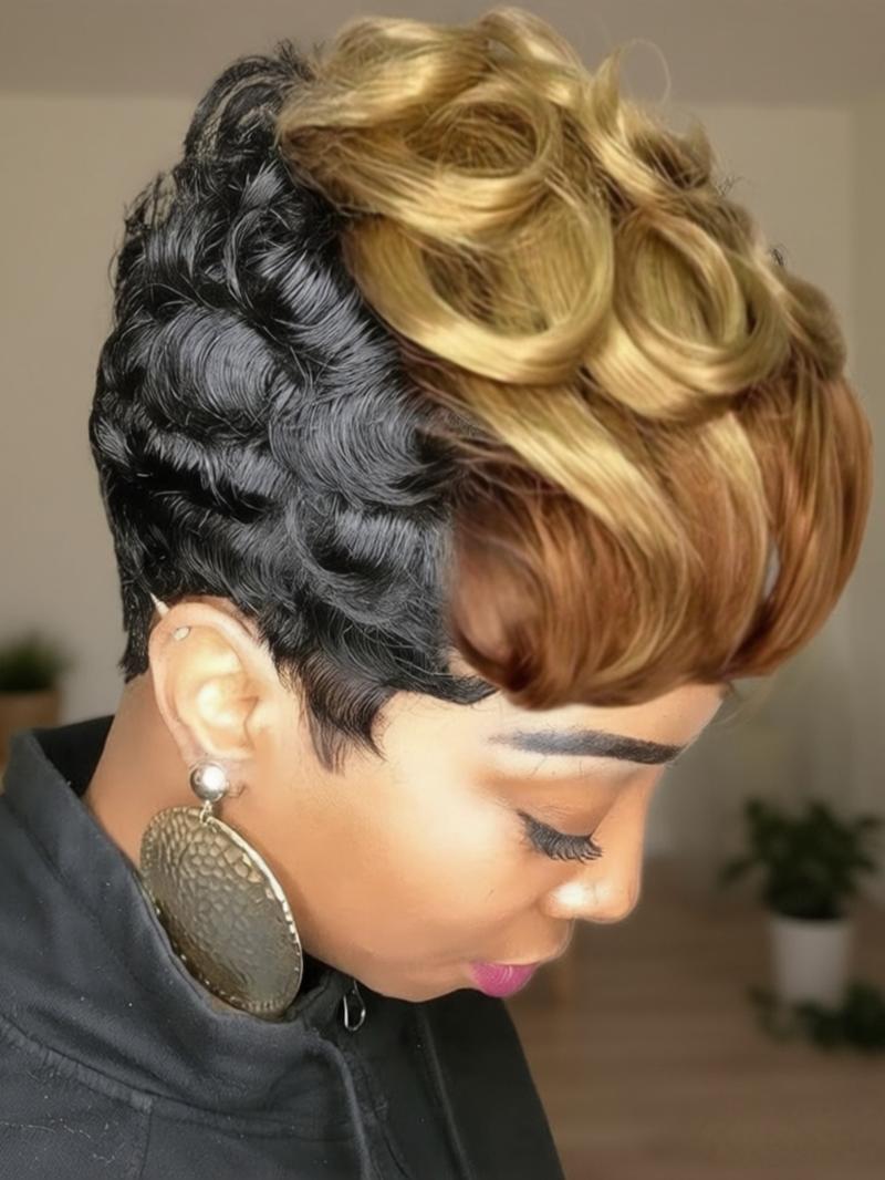 Short Pixie Wigs for Women, Wavy Synthetic Short Hair Wig with Bangs, Curly Pixie Wig for All Seasons, Glueless Bangs Wig