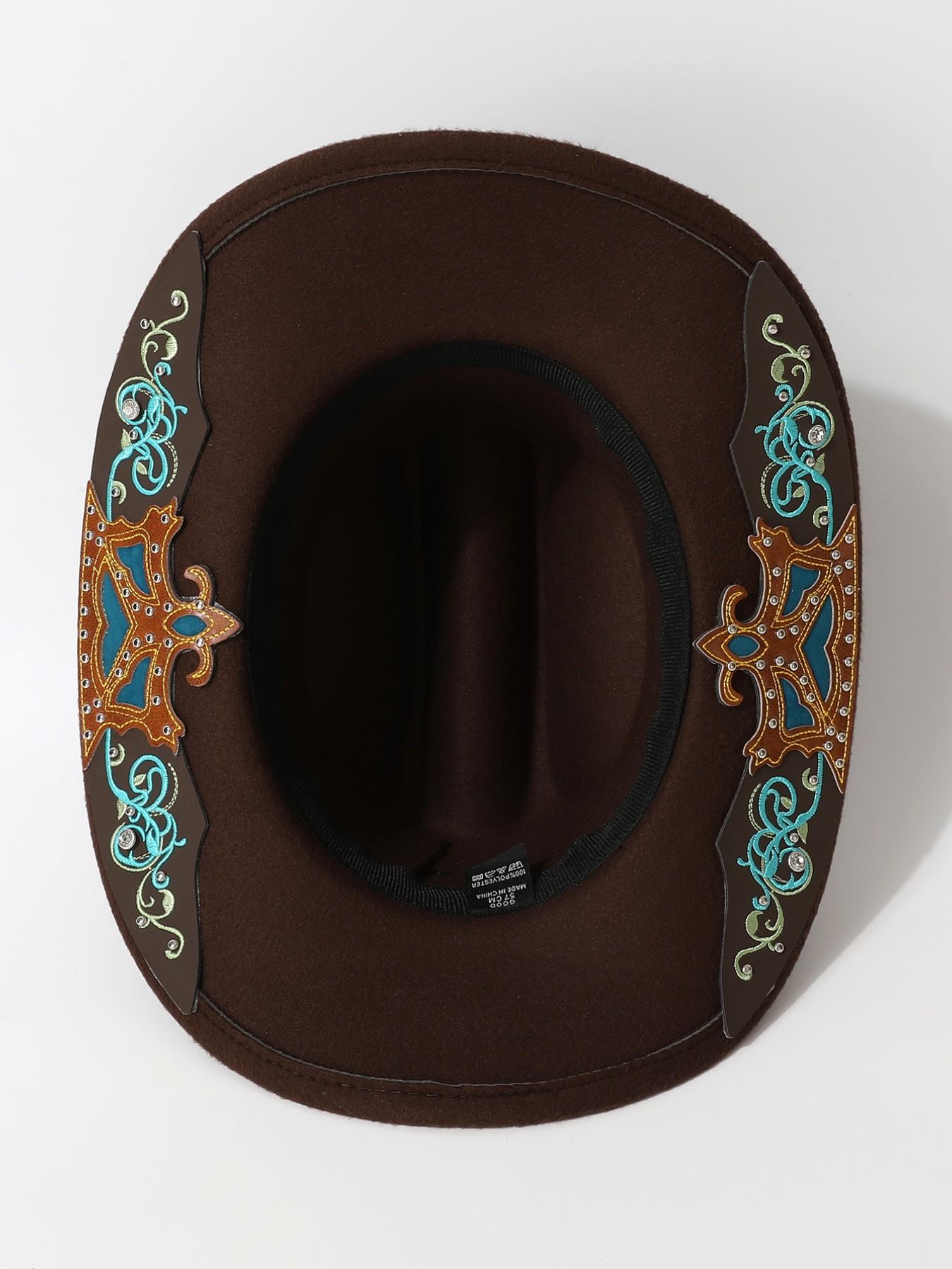 Women's Ethnic Style Cowboy Hat, Cowgirl Hats, Buckle Design Embroidery Brim Patch Decorative Dress Up Hat, Party Western Theme Event Accessory