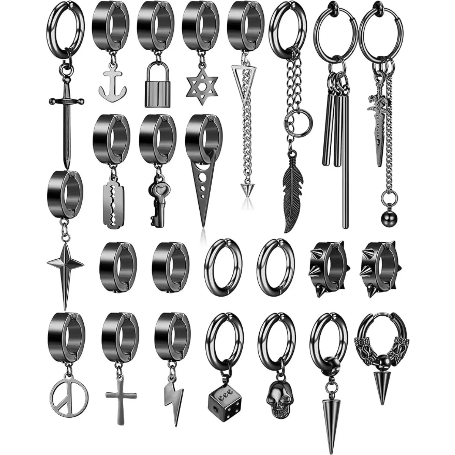 CASSIECA 25pcs Punk Style Fake Piercing Clip-On Earrings Set - Stainless Steel Cross Chain Dangle Black Huggie Hoops Jewelry for Women, Daily & Halloween Accessories Sohochic