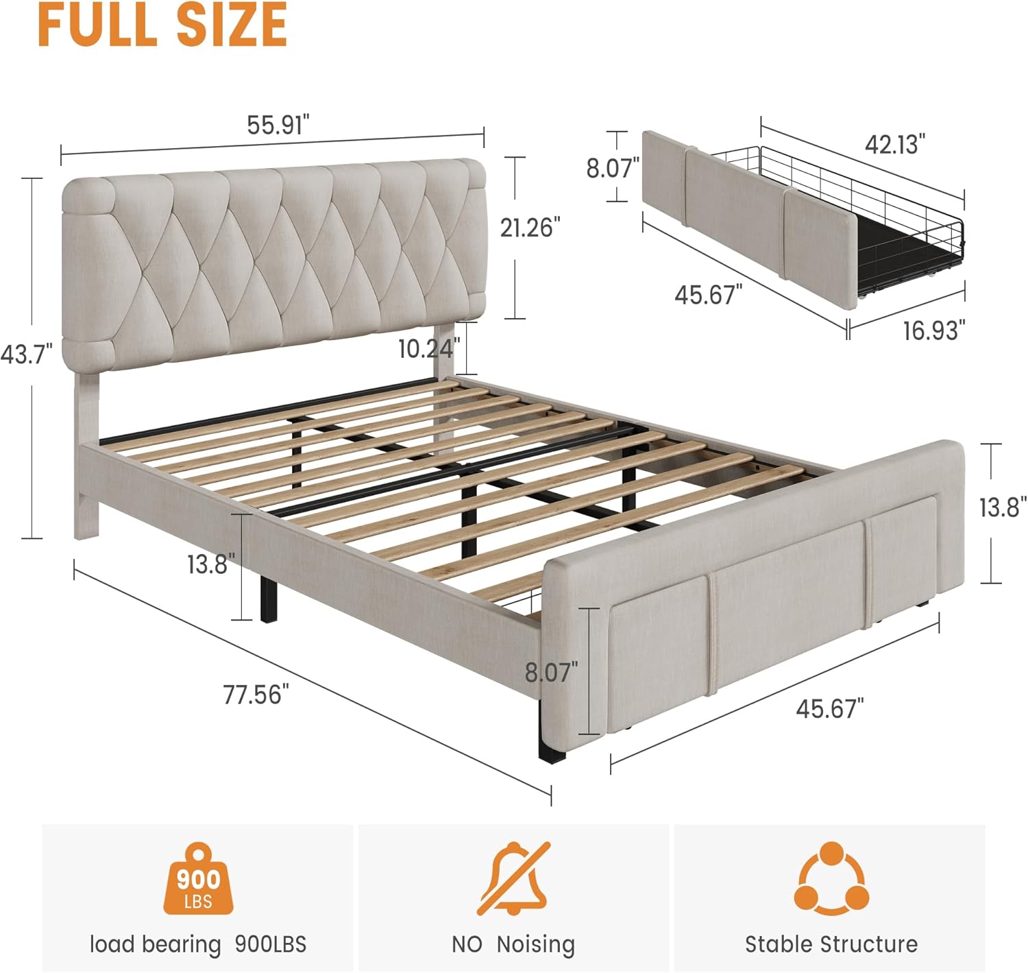Bed Frame, Upholstered Platform Bed Frame with Storage Drawers, Mattress Foundation with Solid Wooden Slats Support, No Box Spring Needed Bed Frame, Upholstered Platform Bed Frame with Storage Drawers, Mattress Foundation with Solid Wooden Slats Support, No Box Spring Needed