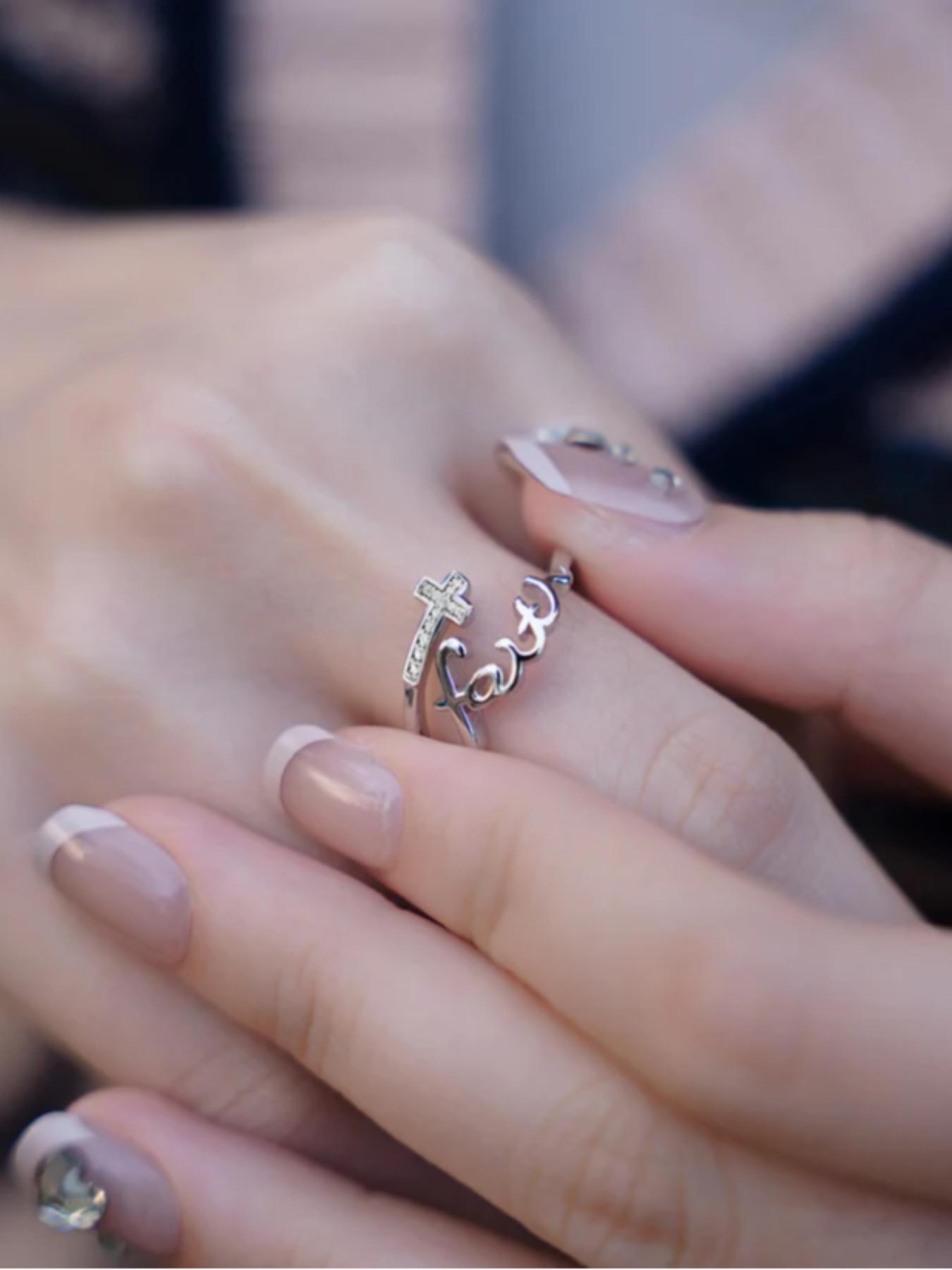 S925 Sterling Silver Cross & Letter Design Cuff Ring, Adjustable Open Ring for Women & Men, Fashion Jewelry Accessories for Daily Wear, with Box, Engraved Ring