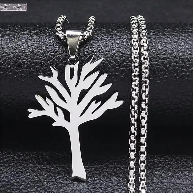 Stainless Steel Modern Laser-Carved Tree Motif Pendant Necklace - Unisex Accessory Necklace, Tarnish-Proof, Durability Guaranteed for Daily Wear Layering