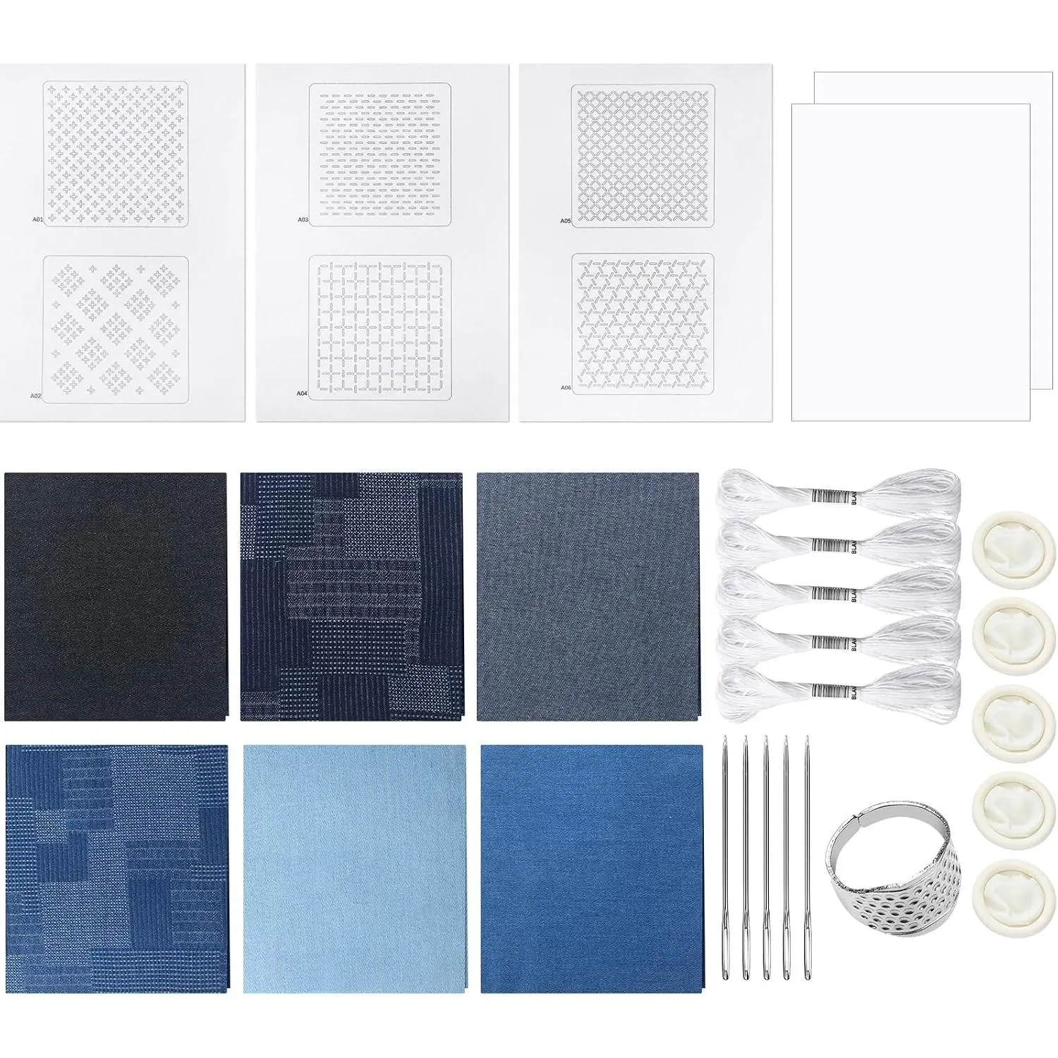 Sashiko Kit Sashiko Thread and Needles Thimble Denim Fabric Water Soluble Japanese Embroidery Kit for Beginners Hand Quilting and Mending, Sewing Supplies