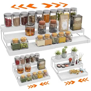 Expandable Spice Rack Organizer for Cabinet - 3 Tier Adjustable Cabinet Spice Organizer Easy Visibility - Spice Organizer for Cabinet Countertop Cupboard Pantry Organization (White)