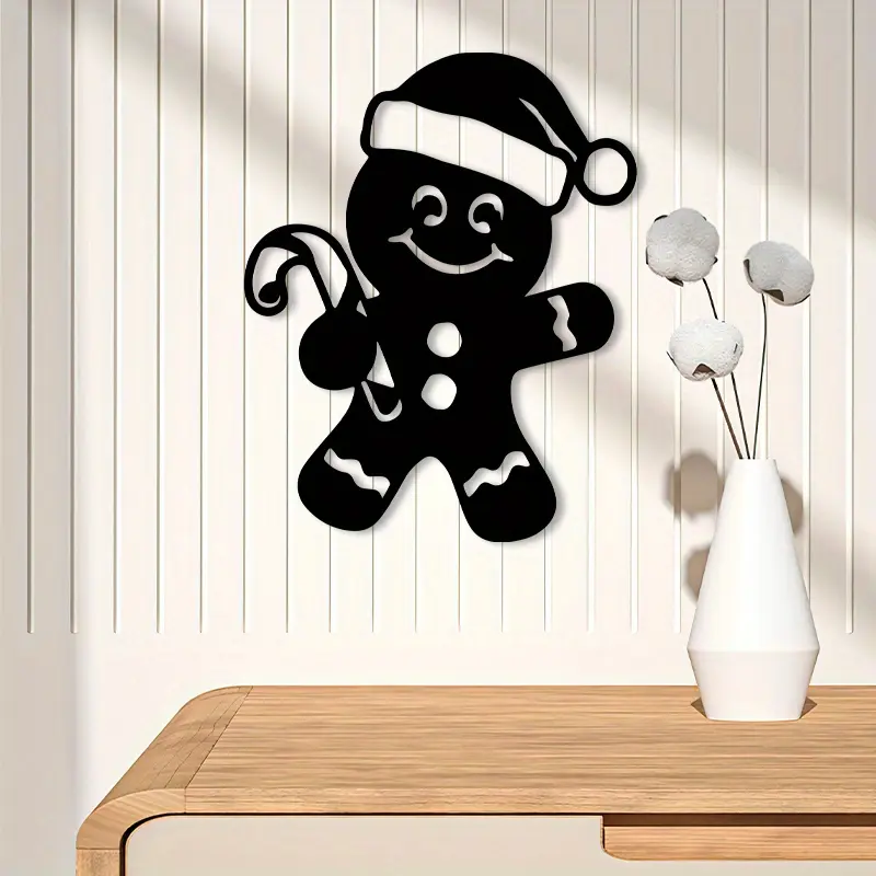 1 piece of gingerbread man metal wall decoration - black holiday decoration with candy cane, powder coated metal indoor/outdoor decoration suitable for Christmas, Halloween, Hanukkah, Easter, Thanksgiving - perfect housewarming gift, home decor