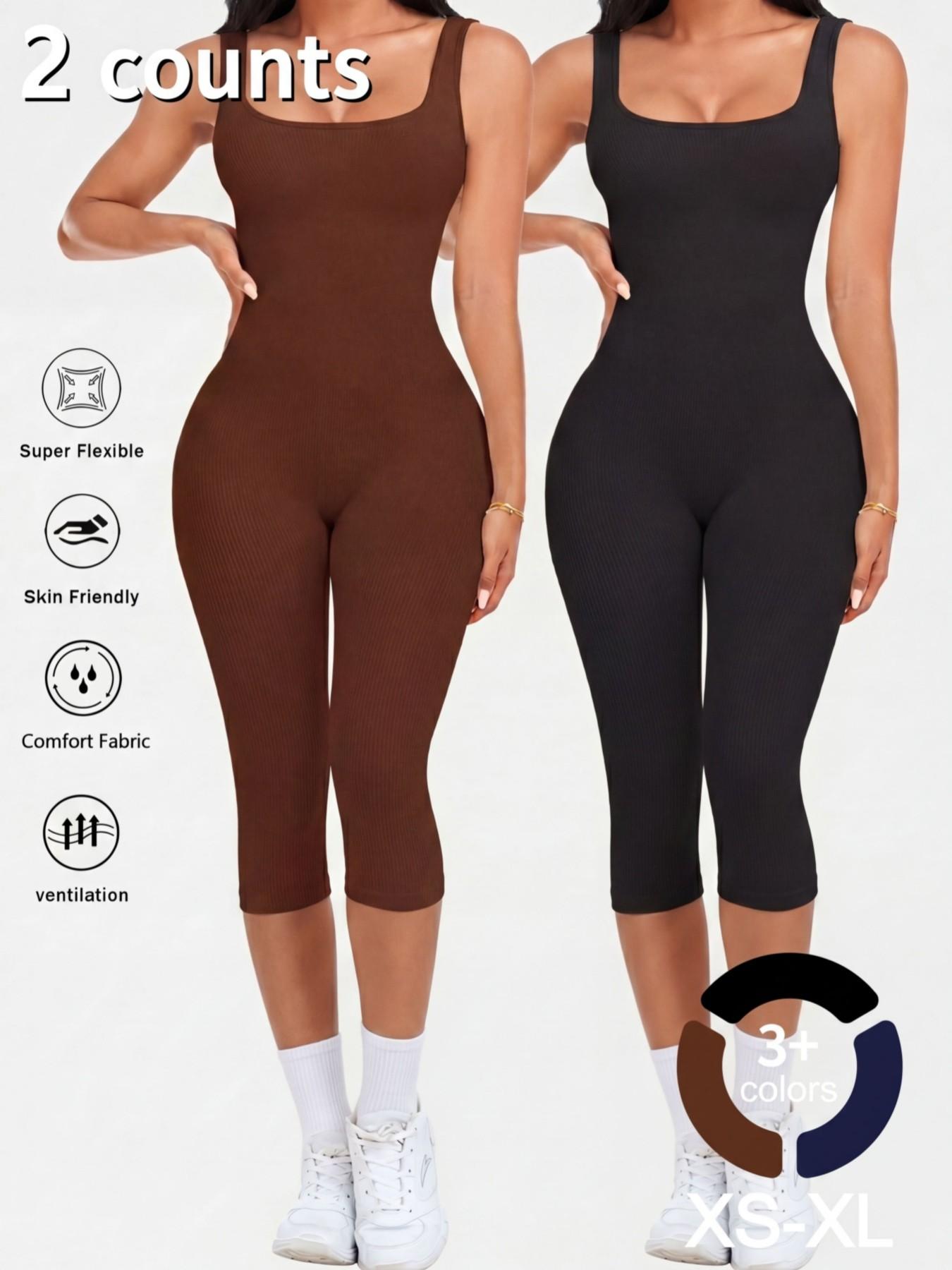 1/2PCS Women's Yoga Capri Jumpsuit Square Neck Backless Tummy Control Butt Lifting, Yoga Workout Jumpsuits Workout Shorts Romper Seamless Ribbed Sleeveless Unitard Fitness Gym for Gym Sports