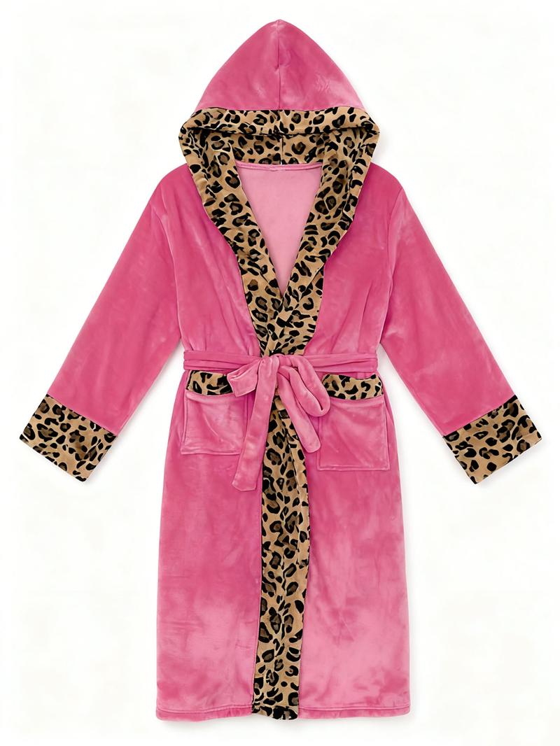 Women's Leopard Print Thermal Lined Bathrobe, Casual Soft Comfortable Long Sleeve Belted Robe, Women's Sleepwear for Fall & Winter