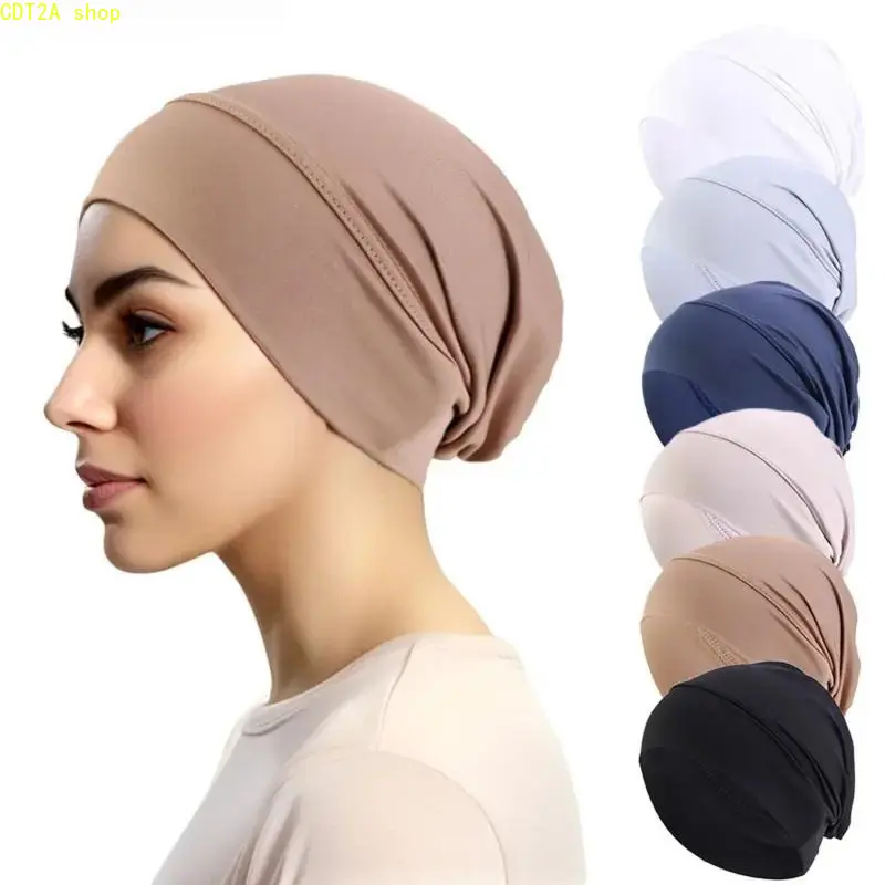Women's 6-Pack Polyester Solid Modesty Hijab Caps - Stretchy, Soft, Secure-Fit Underscarf Turbans, Lightweight Muslim Clothing for Women, Daily Wear, Sports Use
