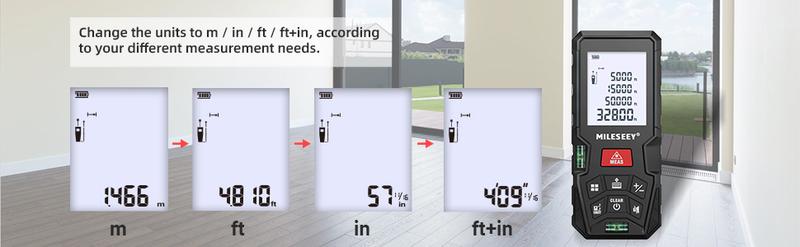 Mileseey D5T Laser Measure 165 Feet with 2 Bubble Levels ±1/16 inch Accuracy Unit Switching Backlit LCD Pythagorean Mode Supports Mobile App Laser Measurement Tool