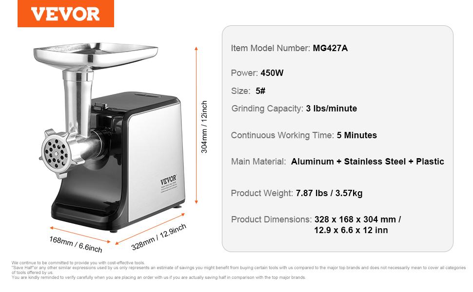 VEVOR Meat Grinder, 3 Lbs/Min Capacity Electric Meat Grinders with Blade, Grinding Plate, Sausage Maker, Kubbe Kit, Burger Press, Chopper Attachment, Stainless Steel Meat Mincer for Home Kitchen