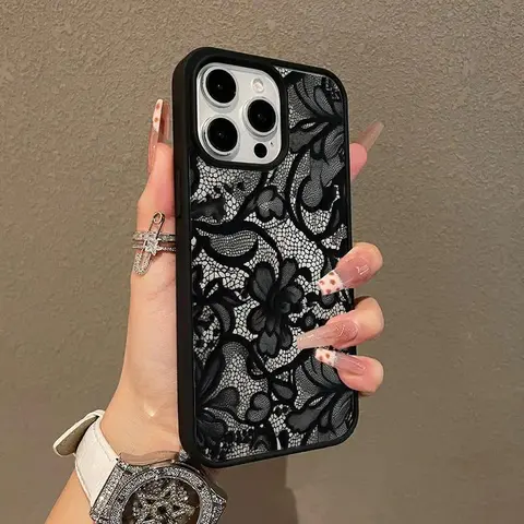 Black Lace Magnetic Cellphone Case - Lightweight Anti-Fall Casing with Resistance & Protection for iPhone 11-17 Pro, ProMax, Plus, Air Devices, Distinctive Girly Chic Accessory