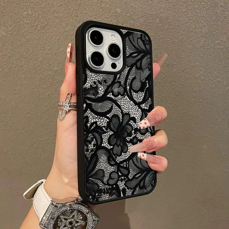 Black Lace Magnetic Cellphone Case - Lightweight Anti-Fall Casing with Resistance & Protection for iPhone 11-17 Pro, ProMax, Plus, Air Devices, Distinctive Girly Chic Accessory