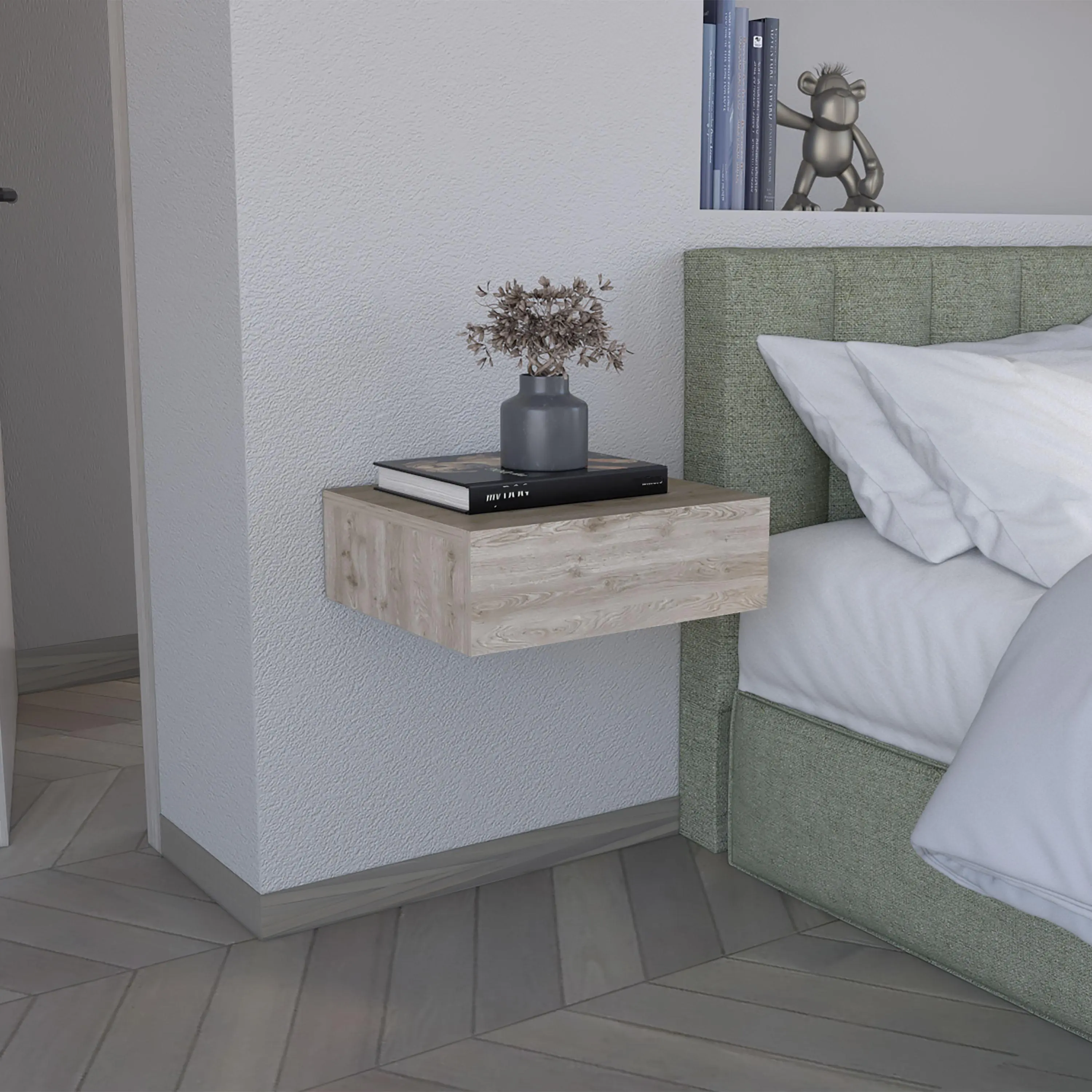 Floating Nightstand with Drawer, Modern Wall-Mounted Bedside Shelf in Light Gray Pine Wood, 15.7"W x 13.4"D x 5.1"H