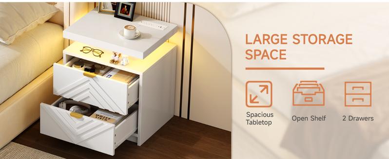 【Valentine's Day gift】ONBRILL White Nightstand with Charging Station and LED Lights, Smart Night Stand, Modern Bedside Table with Drawers, RGB Lights, Power Outlets, USB and Type-C Ports, End Side Table for Bedroom Office