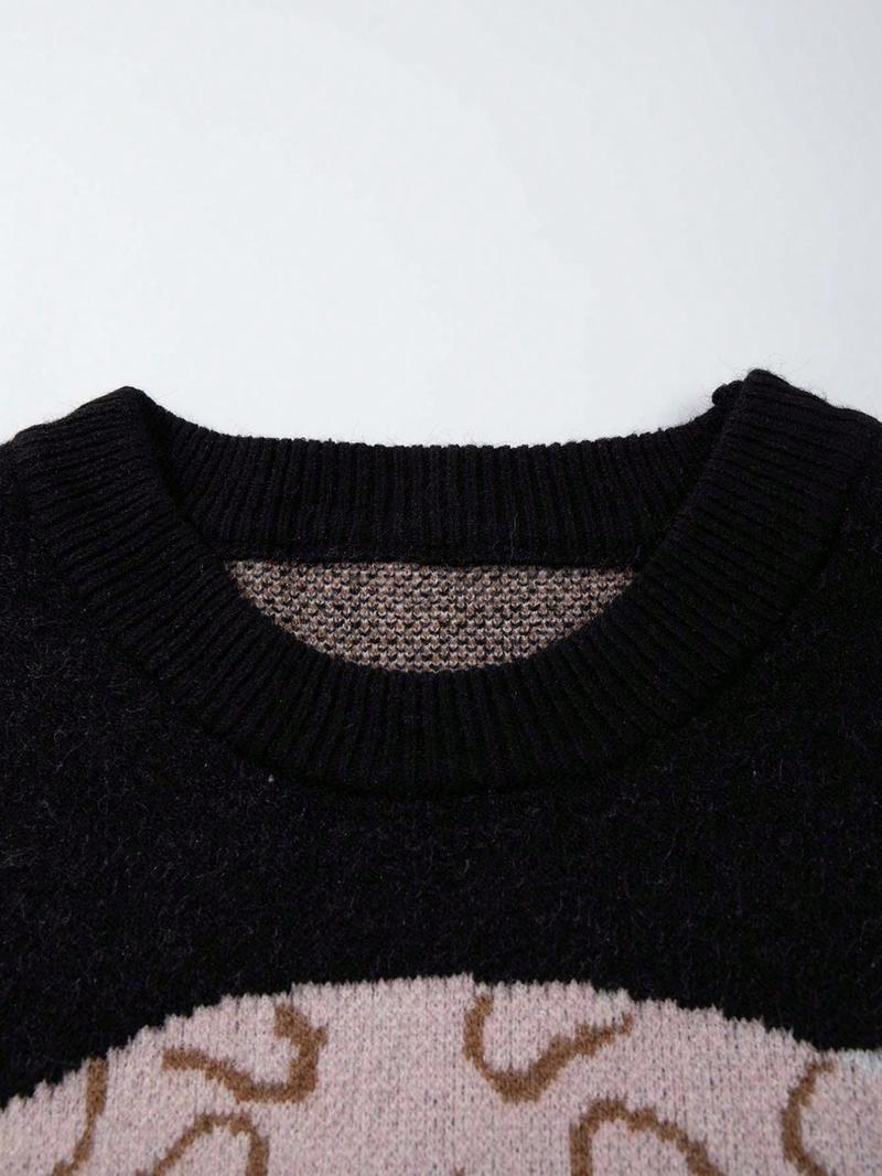 Men's Casual College Style Knit Sweater, Multicolor Cartoon Pattern, Star Cloud Jacquard Design, Round Neck Loose Fit Pullover