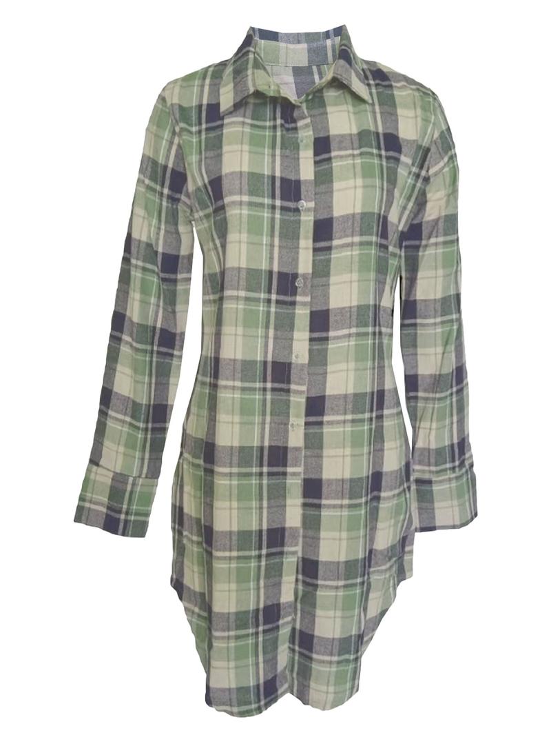 Women's Plaid Print Button Front Shirt Dress, Casual Drop Shoulder Long Sleeve Collared Short Dress for Spring & Fall, Women's Clothes for Daily Wear