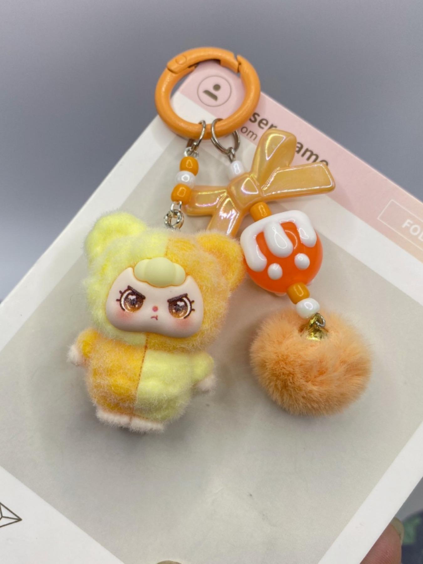 Kawaii Cute Dopamine Flocked 3-Year-Old Doll Keychain, Color Block Bow Moe Beads Bag Charm, Sweet Backpack Pendant Car Key Ornament Phone Strap, Ideal Birthday Christmas Valentine's Day Gift for Student Girls