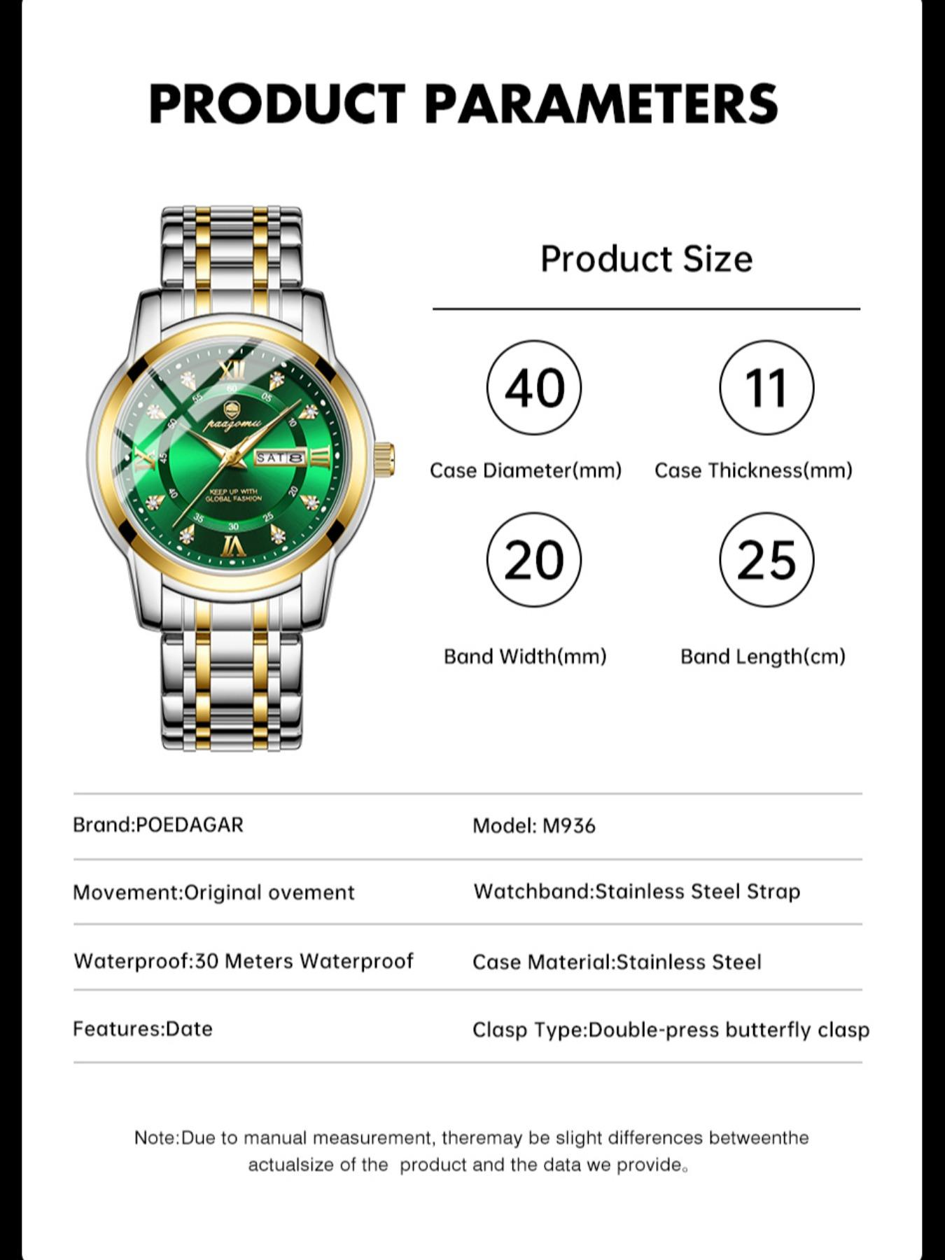 Paazomu Luxury Men's Watch, Waterproof Luminous Date, Stainless Steel Sport Fashion, Quartz Watch for Men, Stylish Male Clock