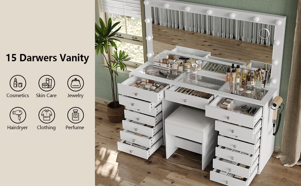 FUSOU 55" W Vanity Desk, Makeup Vanity with Charging Station, 15 Drawers Vanity with Lighted Mirror, 3 Lighting Modes, Brightness Adjustable, Glass Top, Vanity Table with Chair for Bedroom