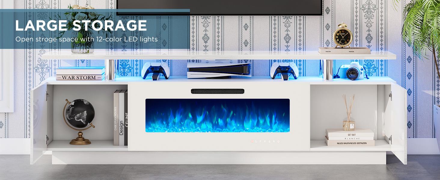 VanAcc Modern Fireplace TV Stand with  Electric Fireplace, High Gloss Finish Media Console with Open Storage for DVD Players, Entertainment Center with LED Lights and Remote Control