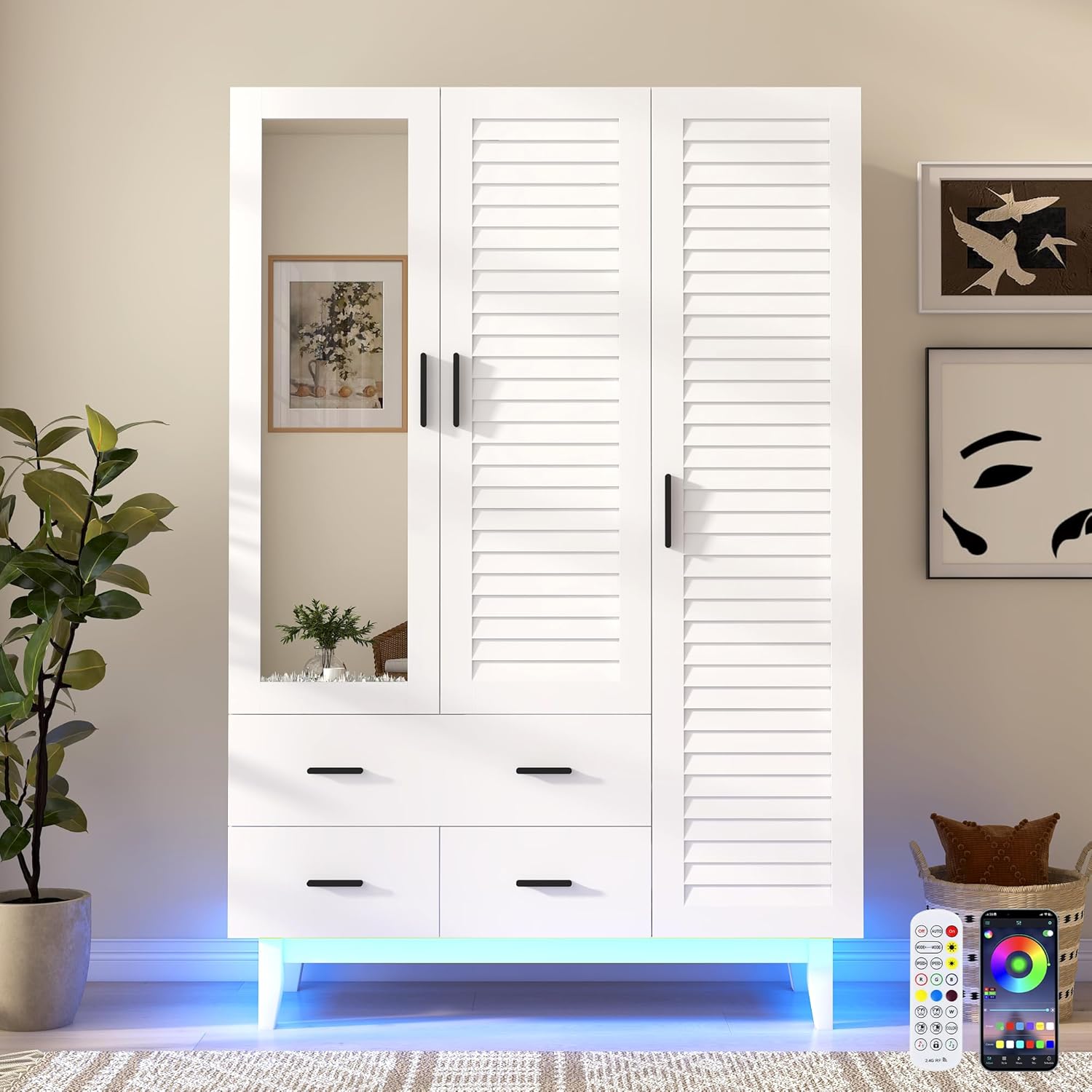 2/3/4 Door Armoire Wardrobe Closet Cabinet with Drawers and LED Lights, Multi-Tier Shelves, Hanging Rod & Louver Doors, Large Capacity Storage Wardrobe Armoire for Bedroom(Black/white)