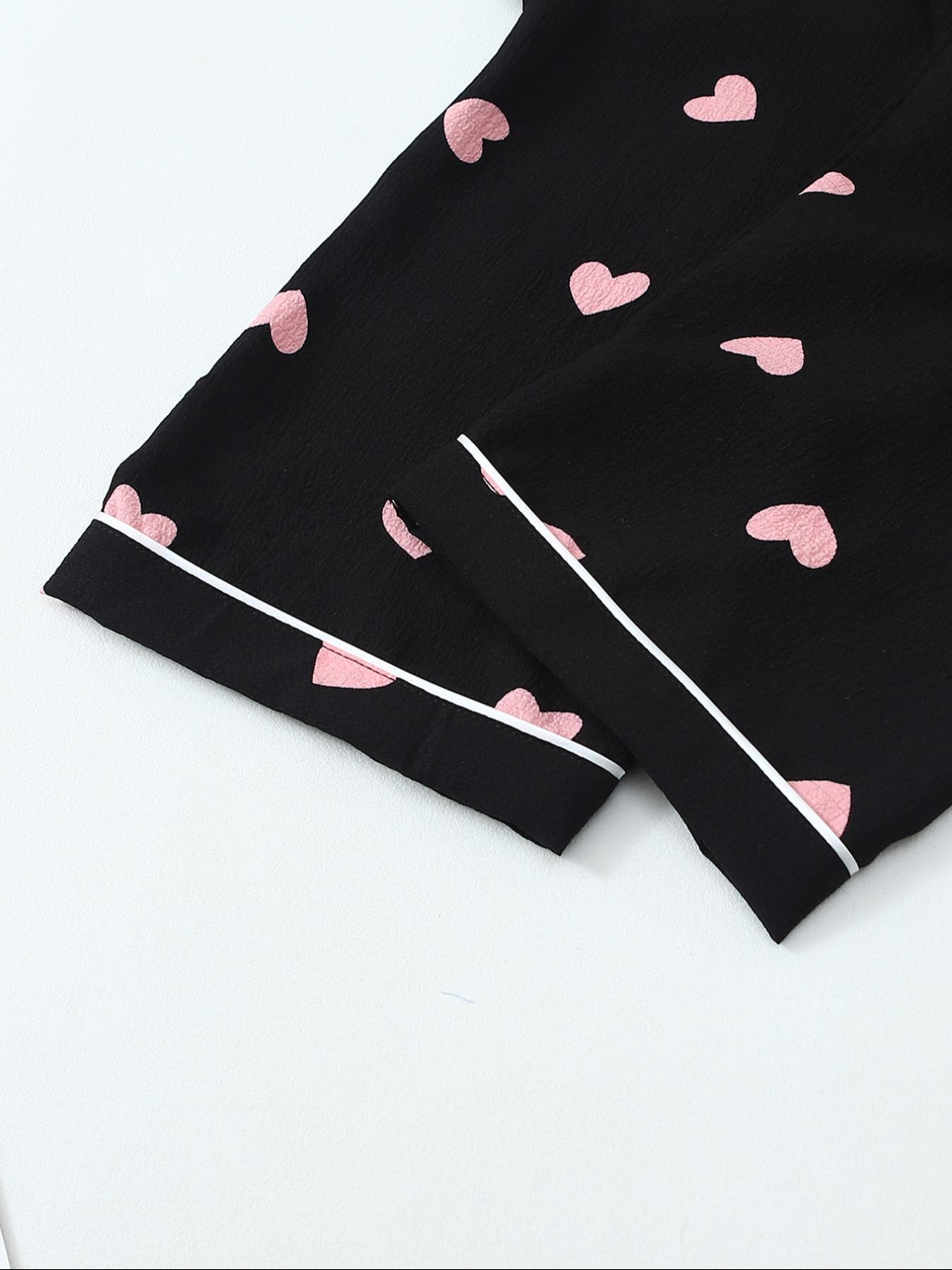 Women's Two-Piece Pajama Set, Fitted Casual Comfortable Woven Lapel Pocket Heart Shirt Short Sleeve + Elastic Waist Home Pants, All-Season Sleepwear Loungewear