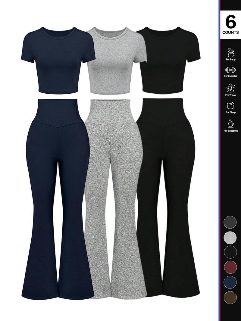 Women's Solid Loungewear Set, Casual Short Sleeve Crop Top & High Waist Flare Leg Pants, Ladies Sleepwear for All Seasons, Pajama Set